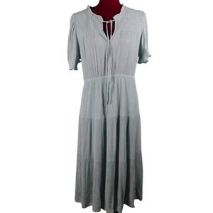 Sweet Wanderer XL Tiered Midi Dress Lined Puffed Sleeves Green Gauze Peasant A24